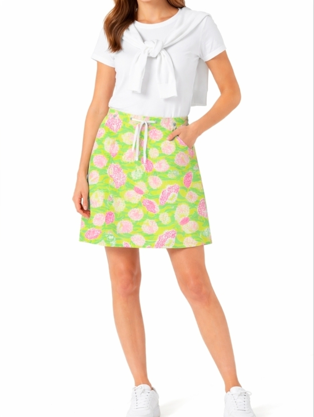 Key West Shell Pattern Skirt Cotton Lined Pink Lime Green Ribbon Tie, Size 2